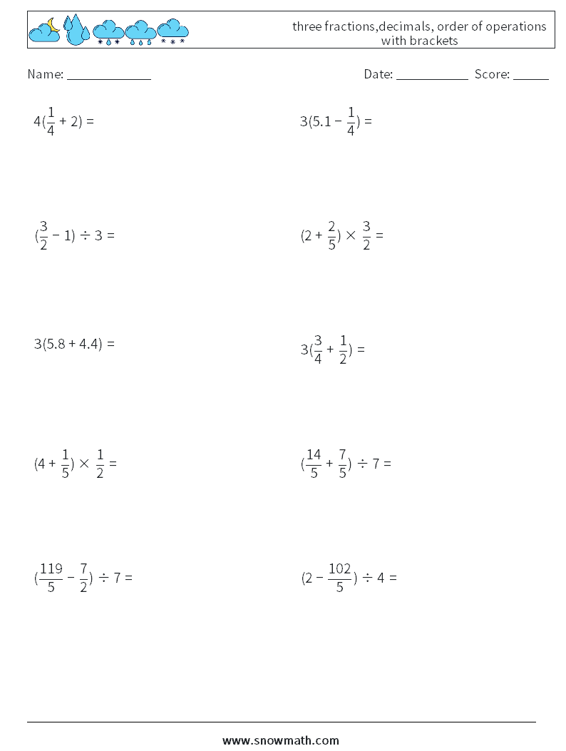 three fractions,decimals, order of operations with brackets Math Worksheets 4