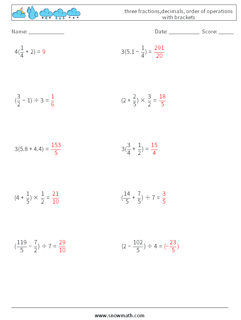 three fractions,decimals, order of operations with brackets Math Worksheets 4 Question, Answer