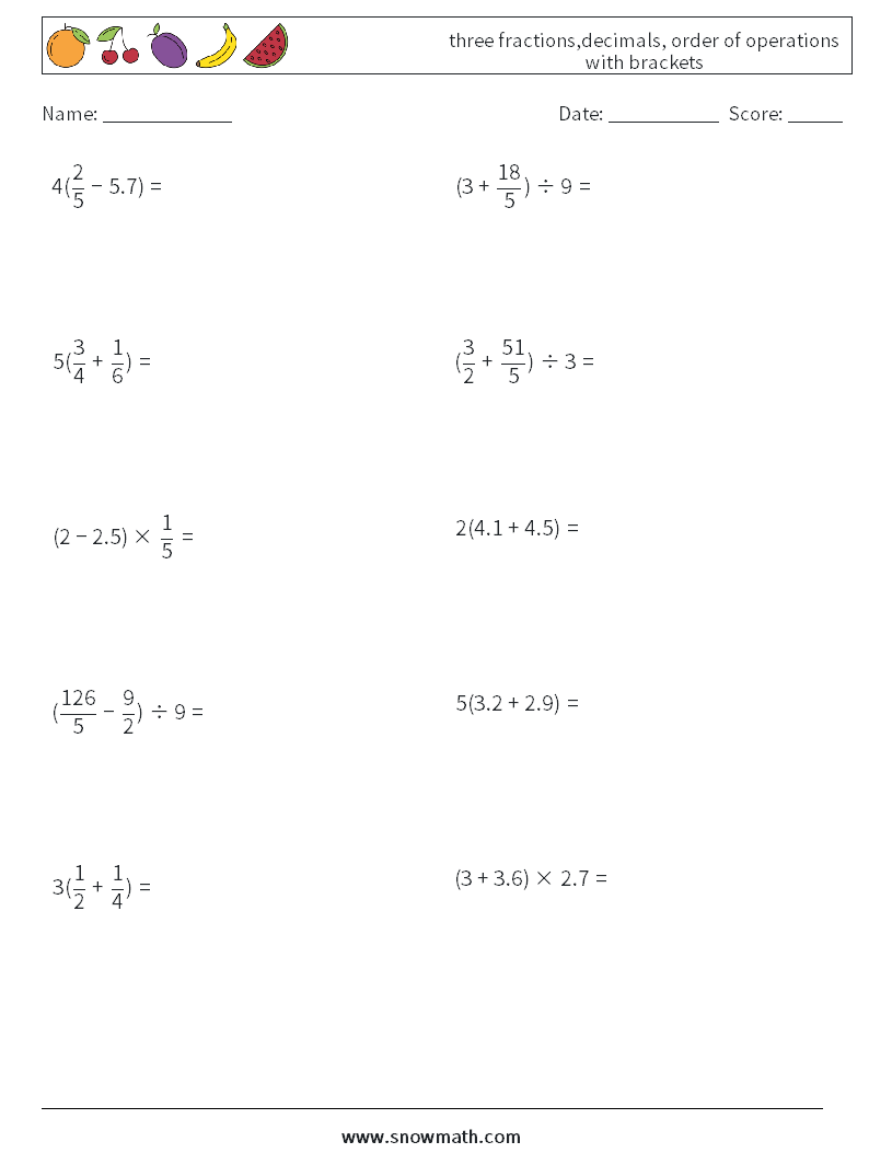 three fractions,decimals, order of operations with brackets Math Worksheets 5