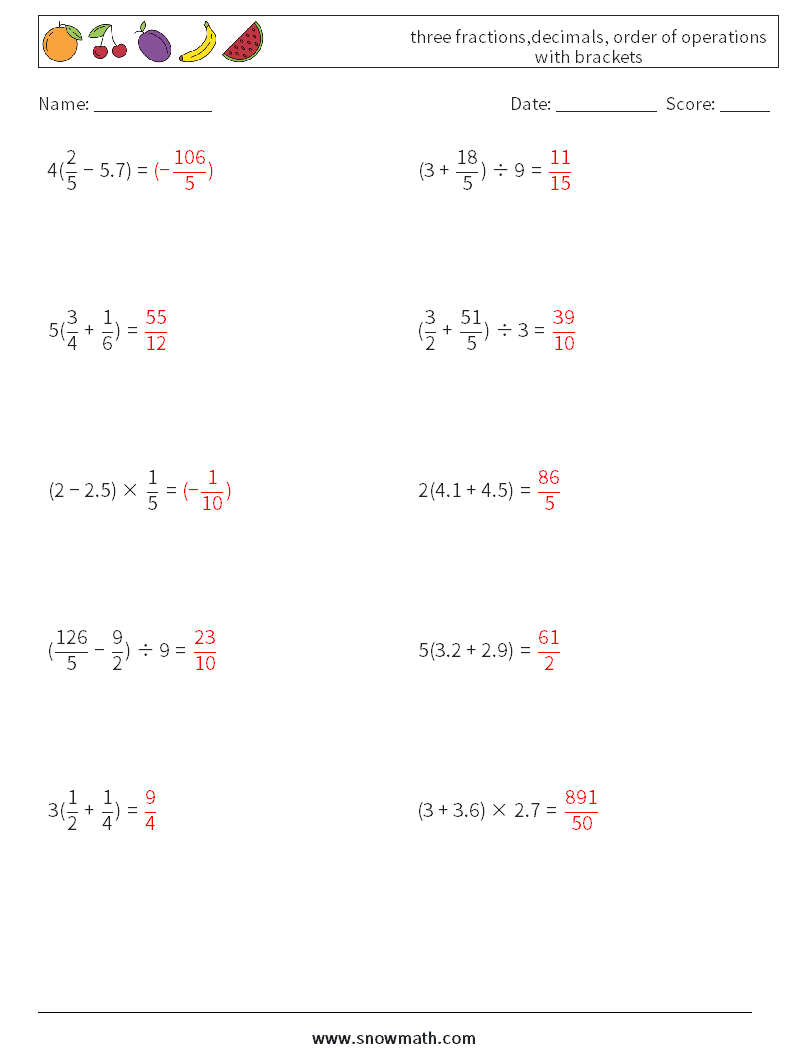 three fractions,decimals, order of operations with brackets Math Worksheets 5 Question, Answer