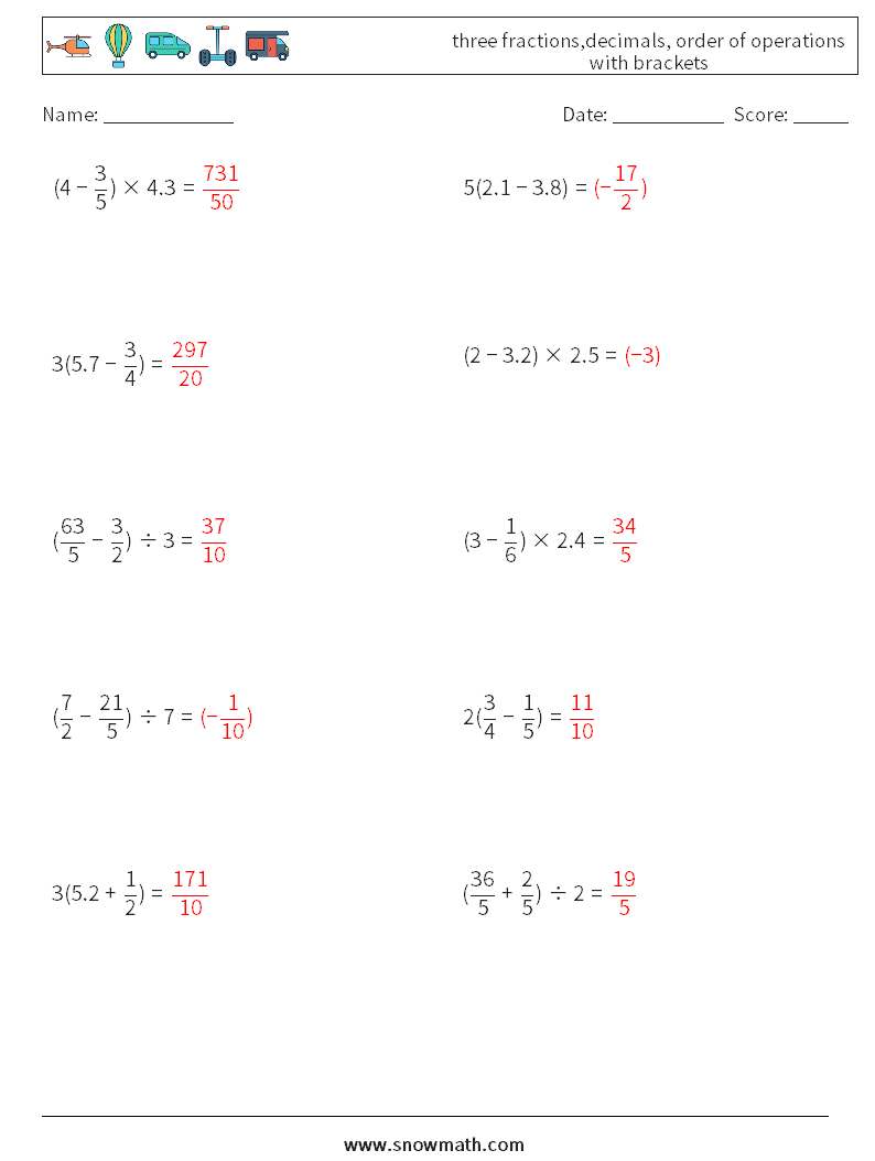 three fractions,decimals, order of operations with brackets Math Worksheets 6 Question, Answer
