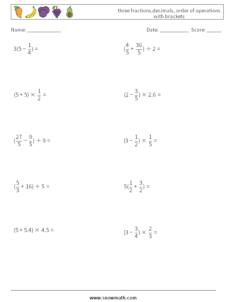 three fractions,decimals, order of operations with brackets Math Worksheets 7
