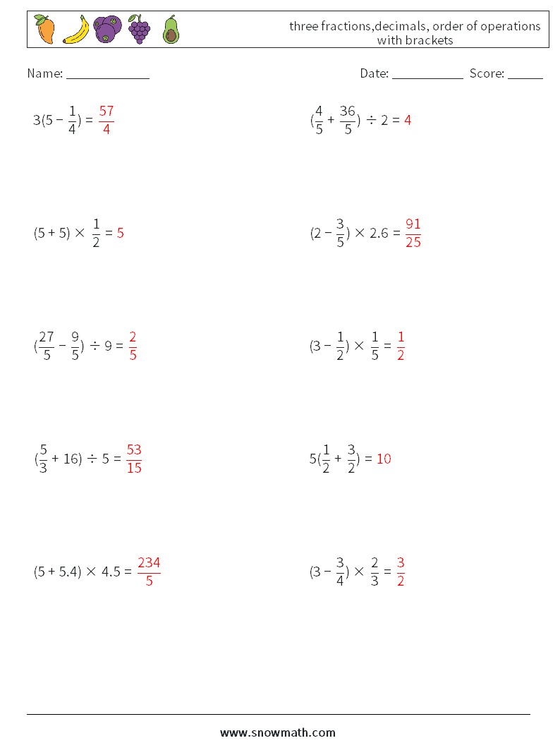 three fractions,decimals, order of operations with brackets Math Worksheets 7 Question, Answer