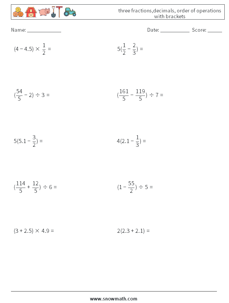 three fractions,decimals, order of operations with brackets Math Worksheets 8