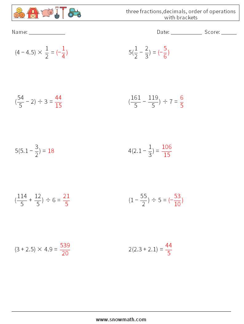 three fractions,decimals, order of operations with brackets Math Worksheets 8 Question, Answer