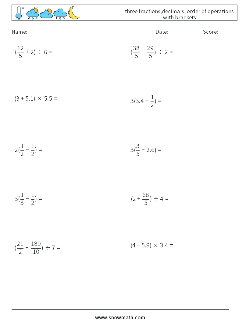 three fractions,decimals, order of operations with brackets Math Worksheets 9