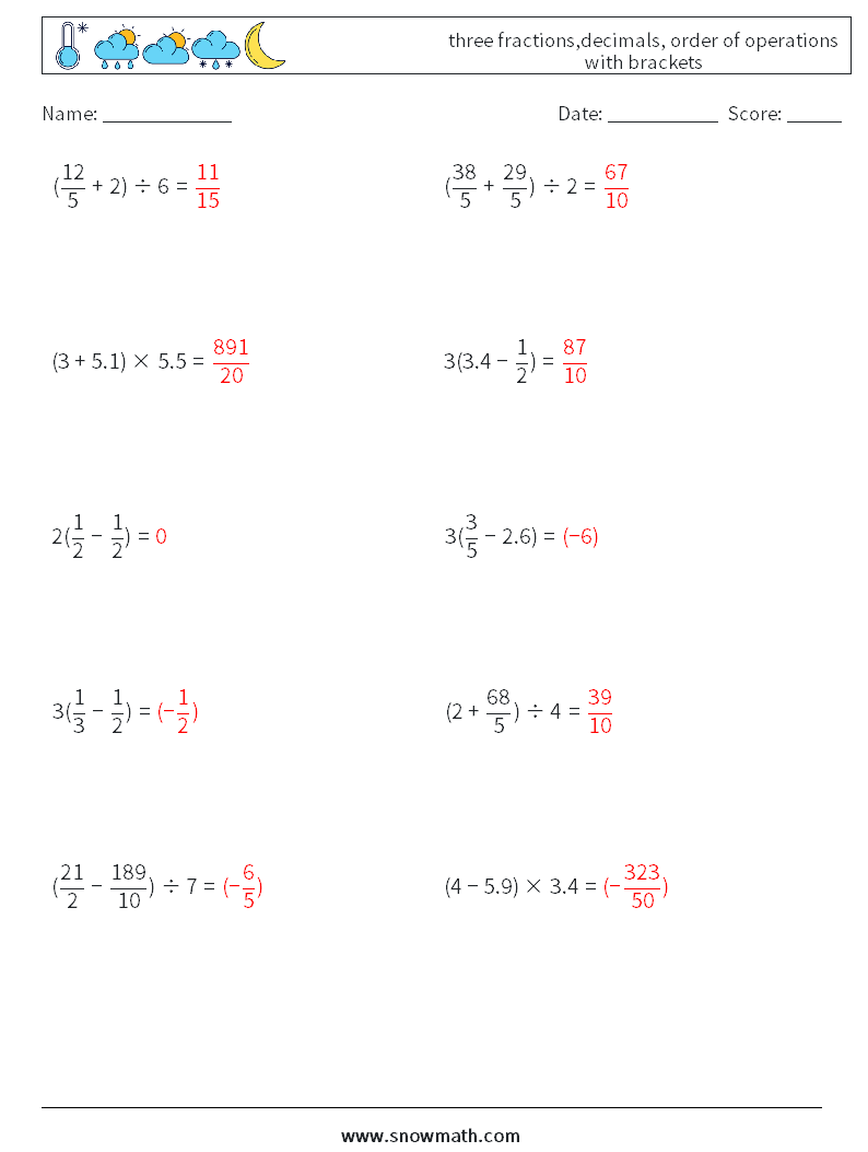 three fractions,decimals, order of operations with brackets Math Worksheets 9 Question, Answer