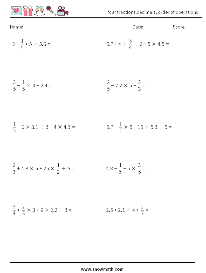 four fractions,decimals, order of operations Math Worksheets 1