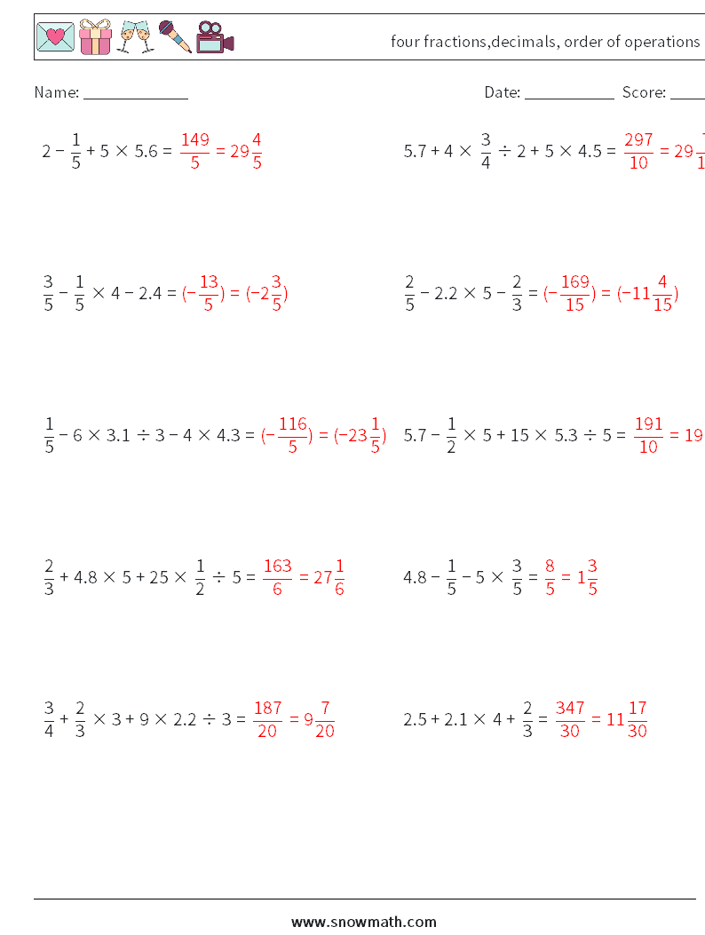 four fractions,decimals, order of operations Math Worksheets 1 Question, Answer