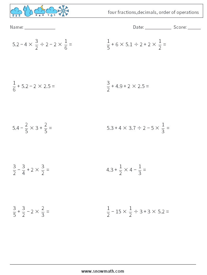 four fractions,decimals, order of operations Math Worksheets 2