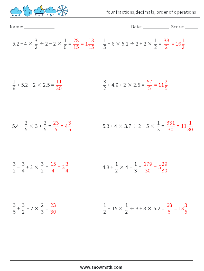 four fractions,decimals, order of operations Math Worksheets 2 Question, Answer