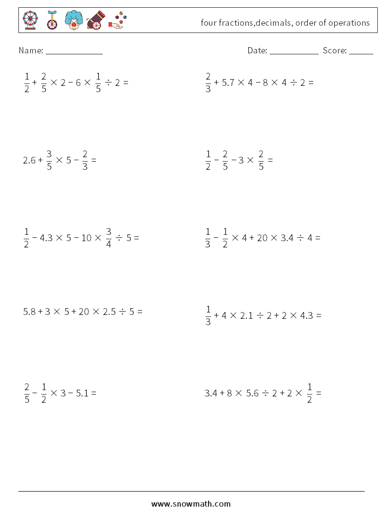 four fractions,decimals, order of operations Math Worksheets 3