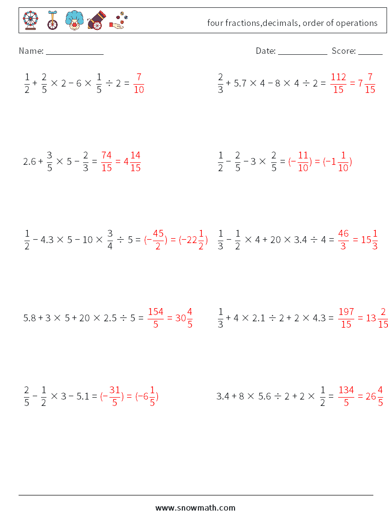 four fractions,decimals, order of operations Math Worksheets 3 Question, Answer