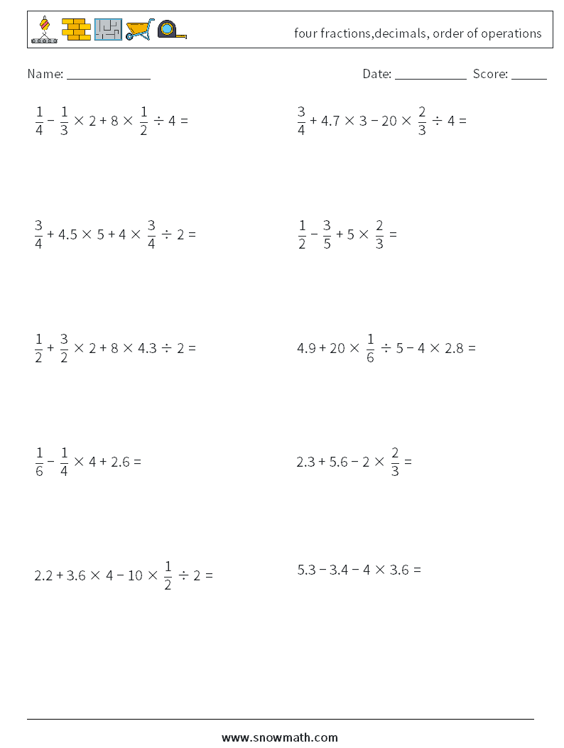 four fractions,decimals, order of operations Math Worksheets 4