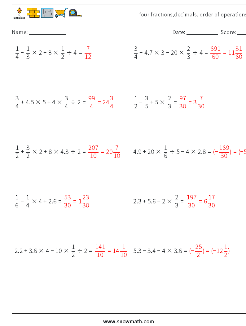 four fractions,decimals, order of operations Math Worksheets 4 Question, Answer