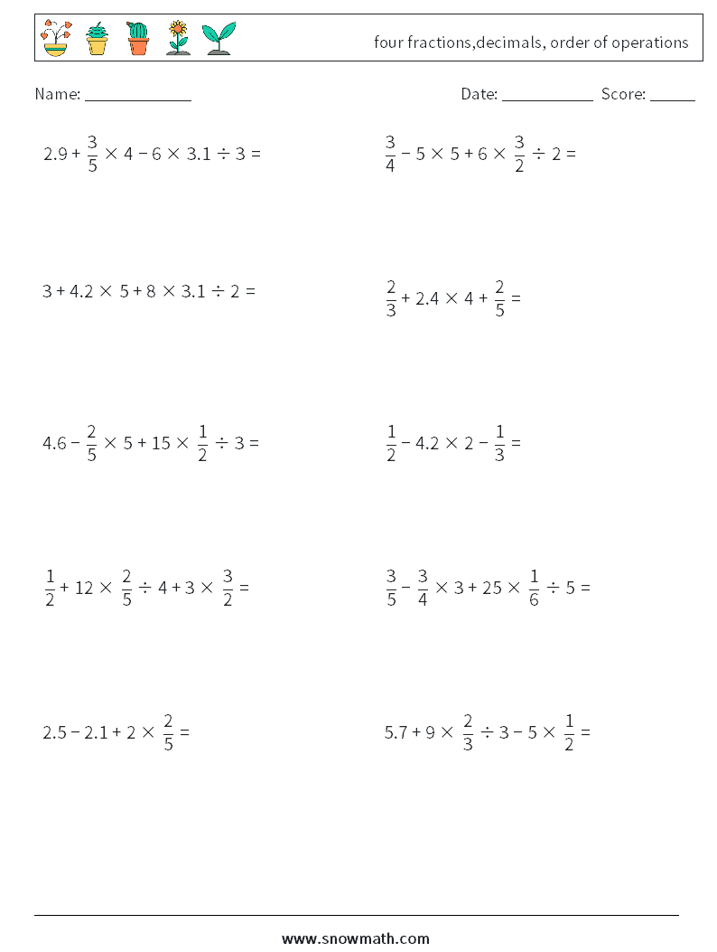 four fractions,decimals, order of operations Math Worksheets 5