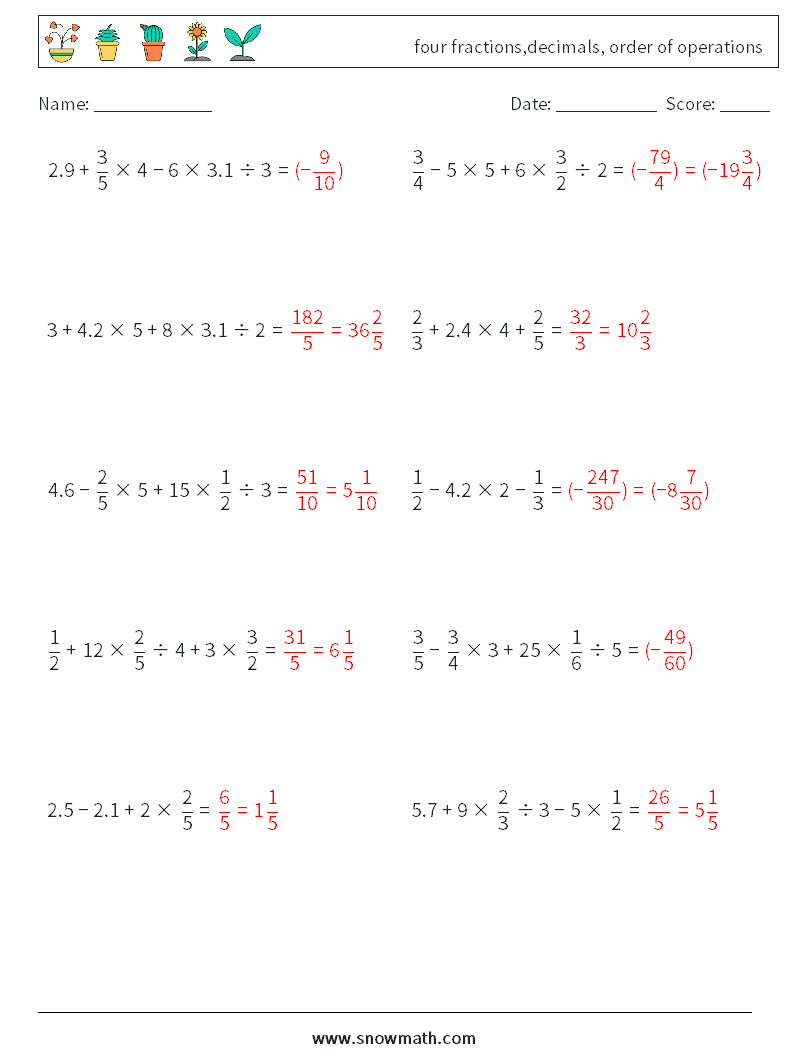 four fractions,decimals, order of operations Math Worksheets 5 Question, Answer