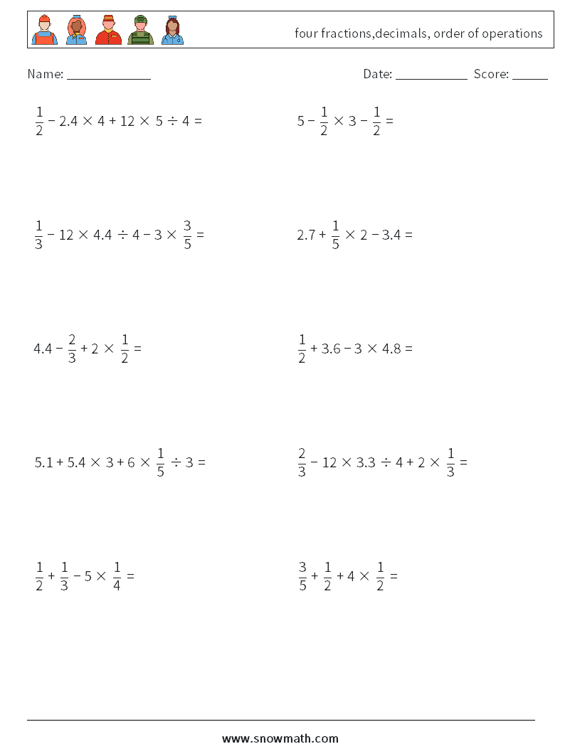 four fractions,decimals, order of operations Math Worksheets 6