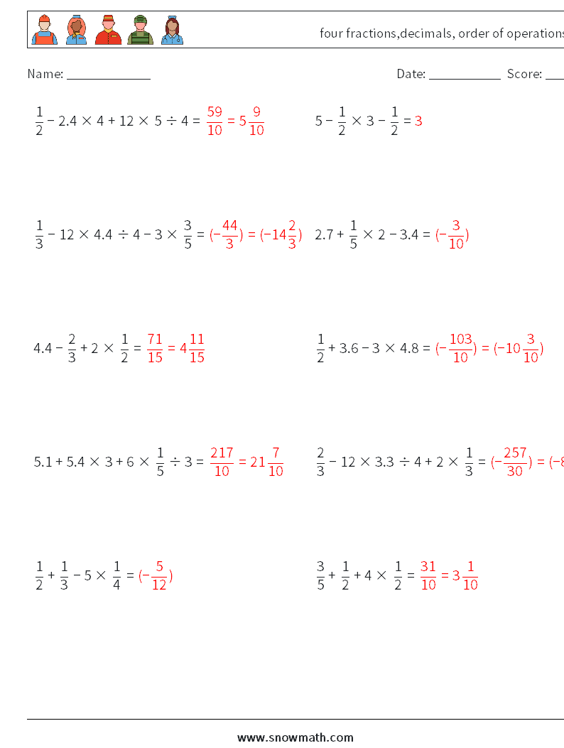 four fractions,decimals, order of operations Math Worksheets 6 Question, Answer