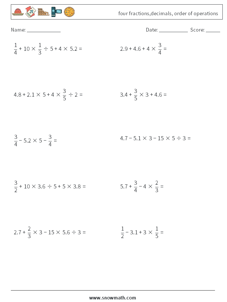 four fractions,decimals, order of operations Math Worksheets 7