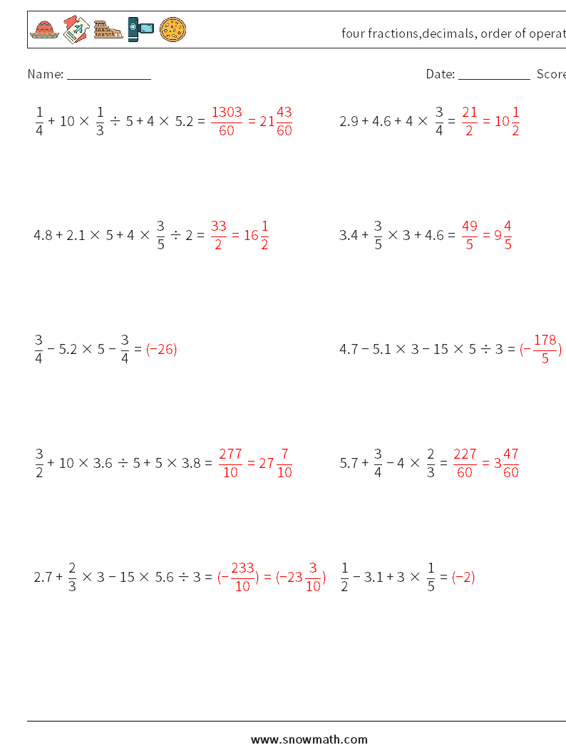 four fractions,decimals, order of operations Math Worksheets 7 Question, Answer