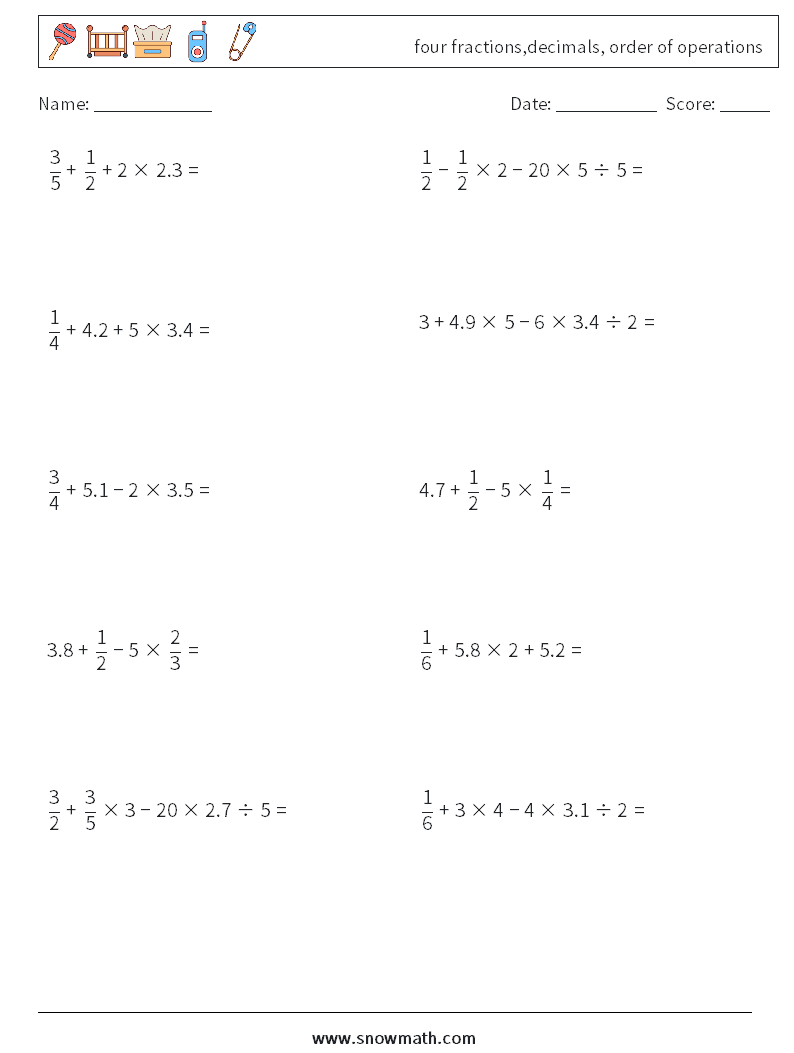 four fractions,decimals, order of operations Math Worksheets 8