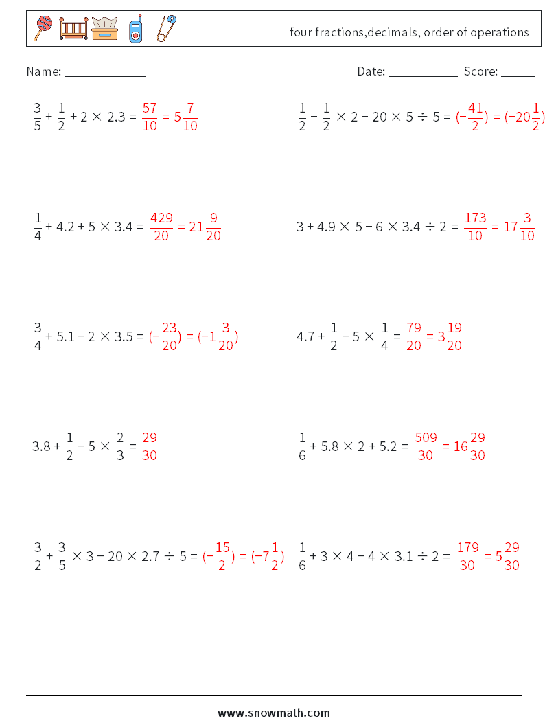 four fractions,decimals, order of operations Math Worksheets 8 Question, Answer