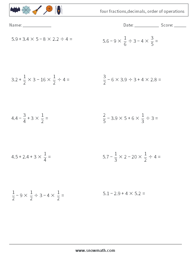 four fractions,decimals, order of operations Math Worksheets 9