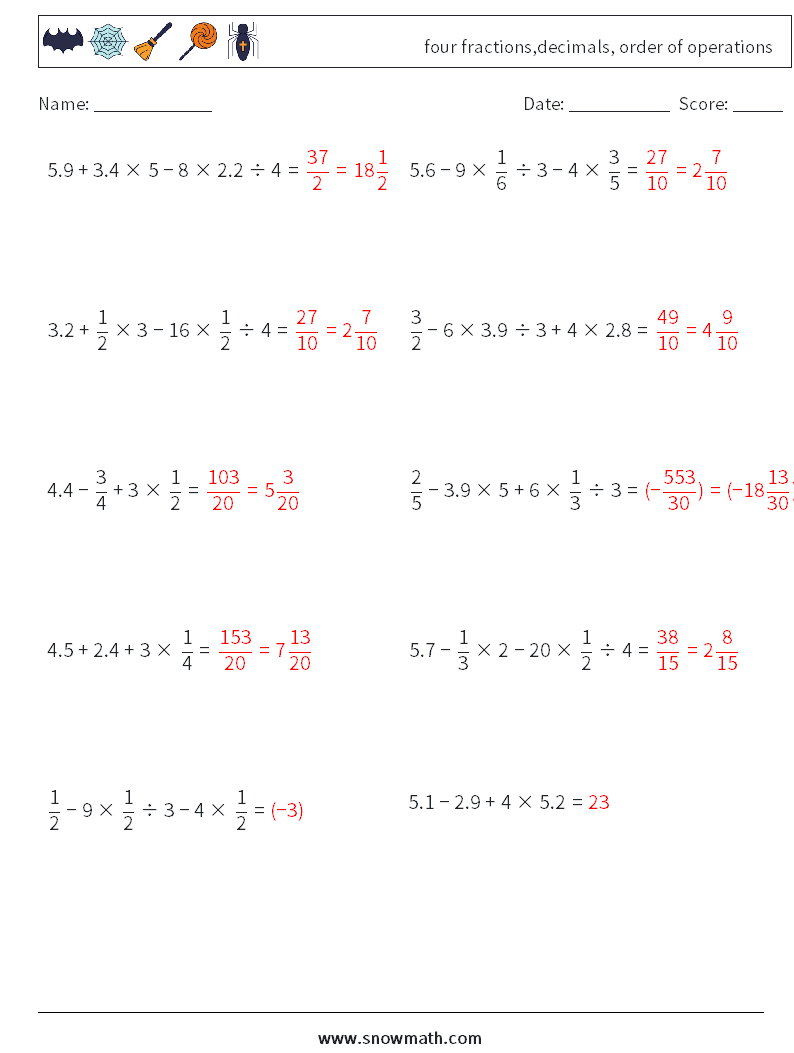 four fractions,decimals, order of operations Math Worksheets 9 Question, Answer