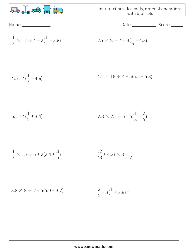 four fractions,decimals, order of operations with brackets Math Worksheets 1