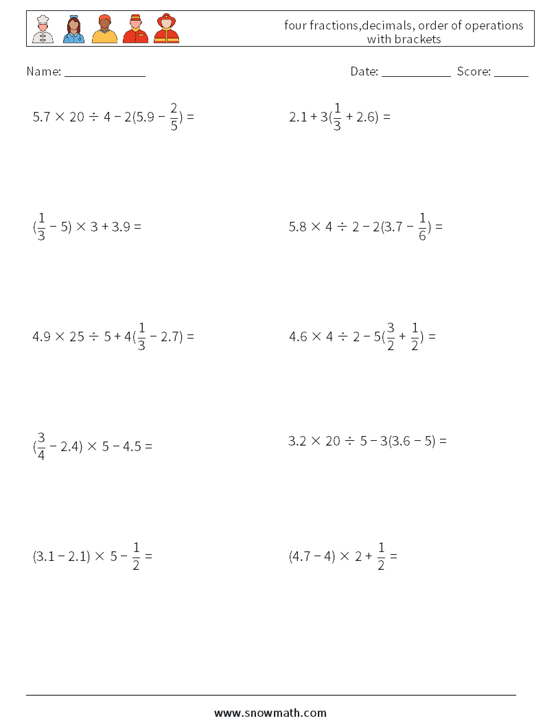 four fractions,decimals, order of operations with brackets Math Worksheets 10
