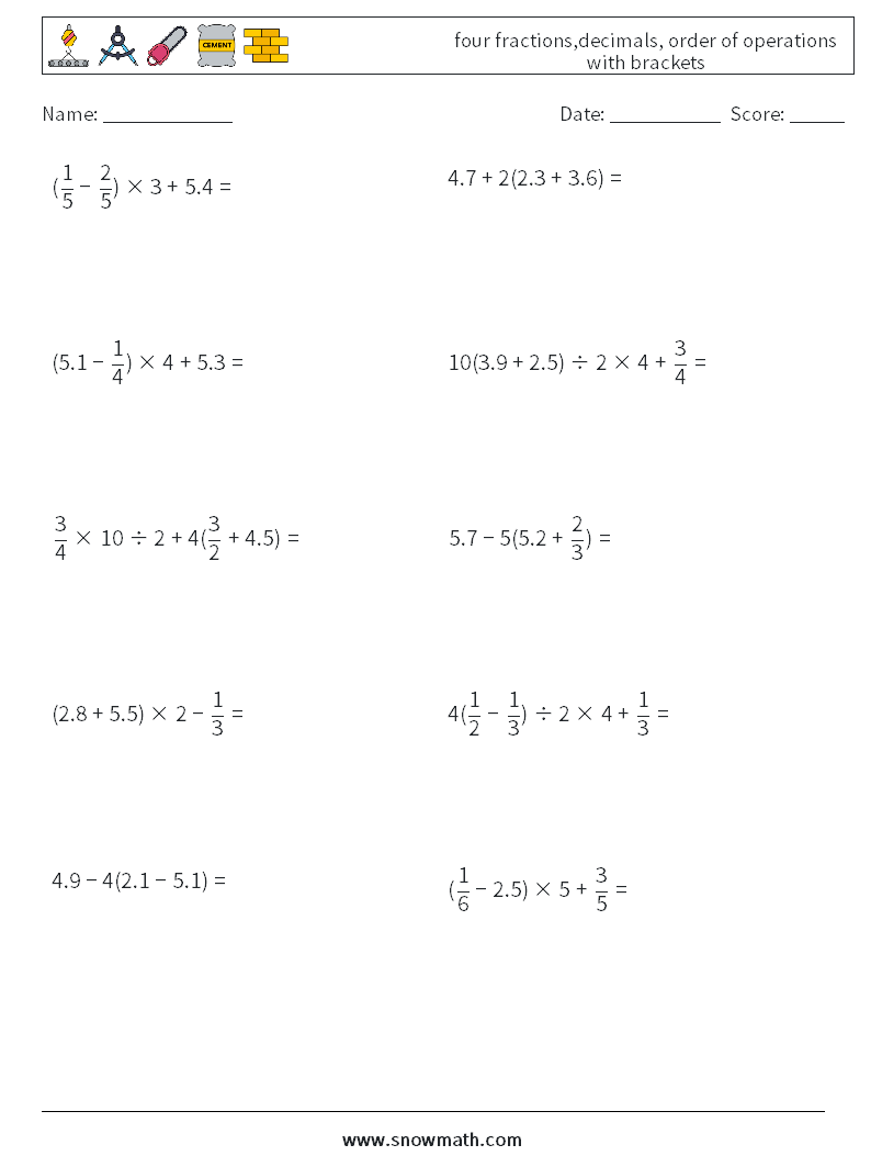 four fractions,decimals, order of operations with brackets Math Worksheets 11