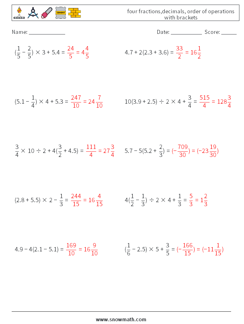 four fractions,decimals, order of operations with brackets Math Worksheets 11 Question, Answer