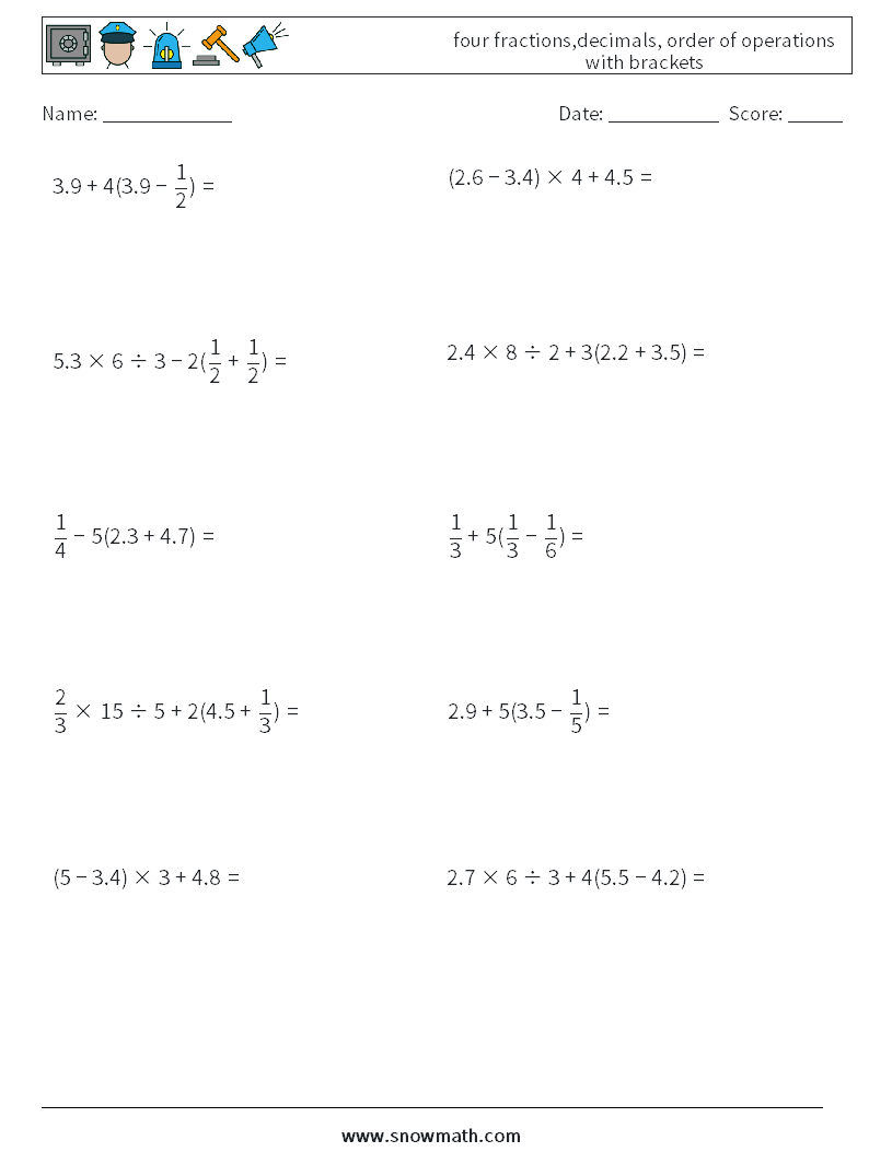 four fractions,decimals, order of operations with brackets Math Worksheets 12