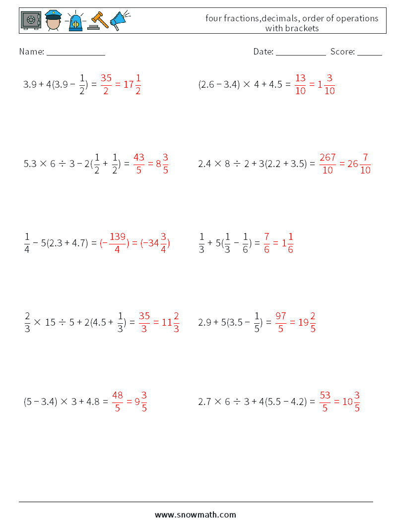 four fractions,decimals, order of operations with brackets Math Worksheets 12 Question, Answer