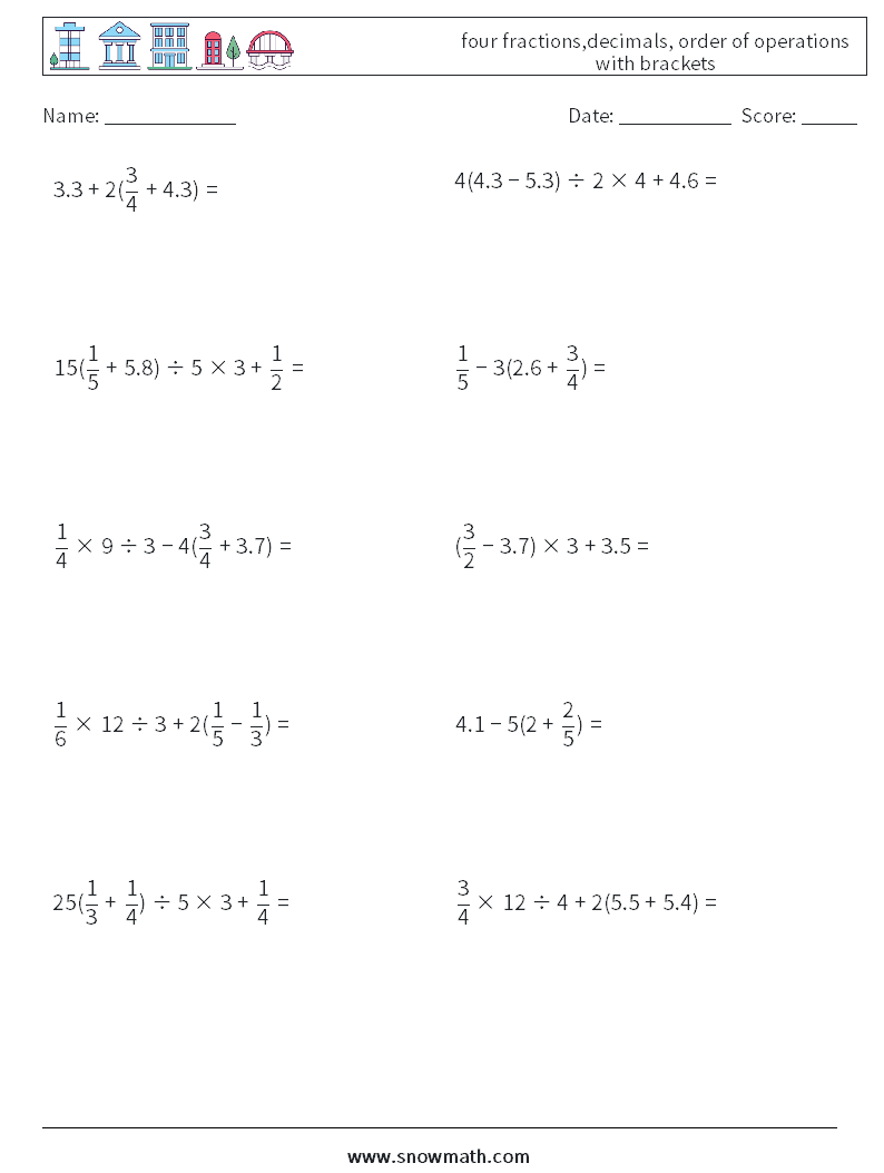 four fractions,decimals, order of operations with brackets Math Worksheets 13