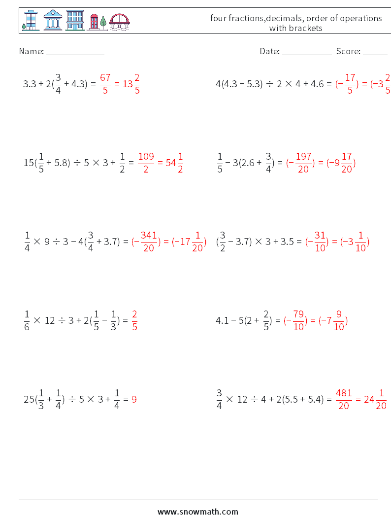 four fractions,decimals, order of operations with brackets Math Worksheets 13 Question, Answer