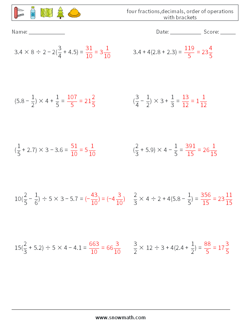 four fractions,decimals, order of operations with brackets Math Worksheets 14 Question, Answer