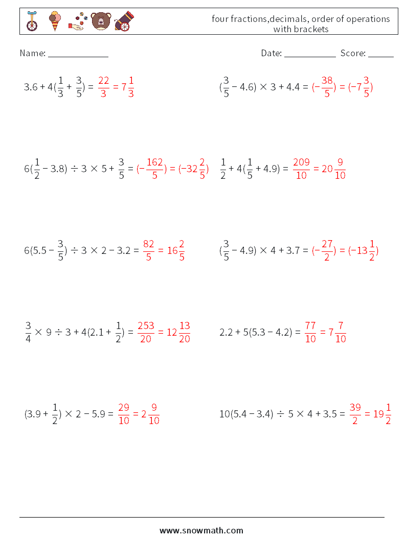 four fractions,decimals, order of operations with brackets Math Worksheets 15 Question, Answer