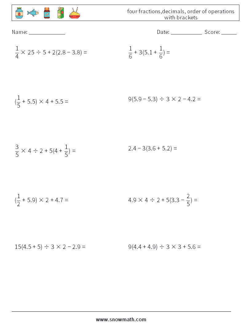 four fractions,decimals, order of operations with brackets Math Worksheets 16