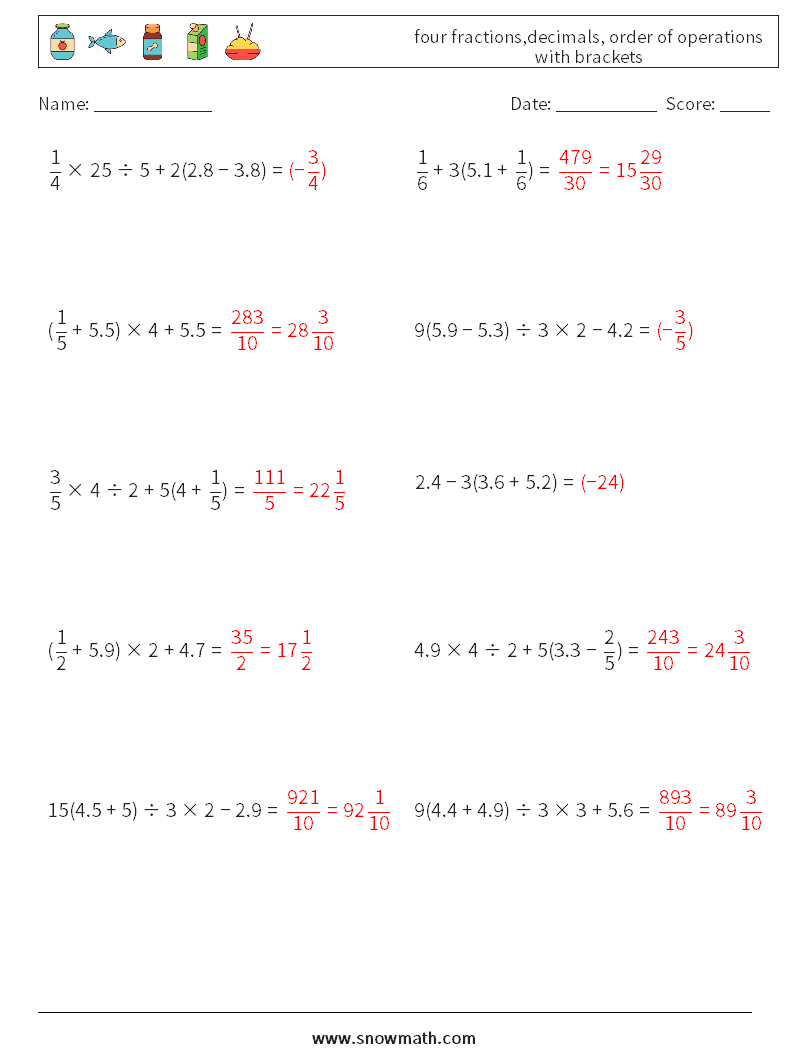 four fractions,decimals, order of operations with brackets Math Worksheets 16 Question, Answer