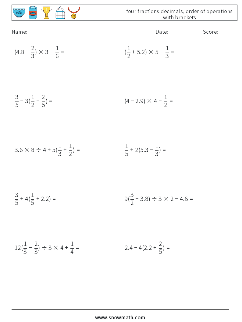 four fractions,decimals, order of operations with brackets Math Worksheets 17