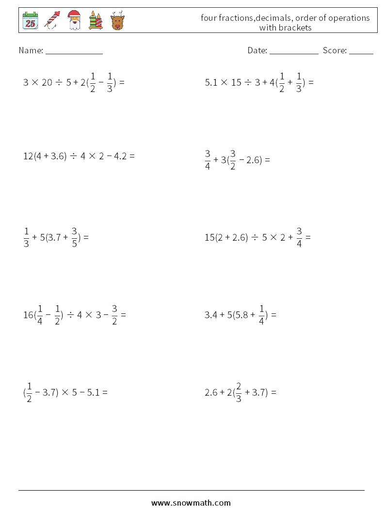 four fractions,decimals, order of operations with brackets Math Worksheets 18