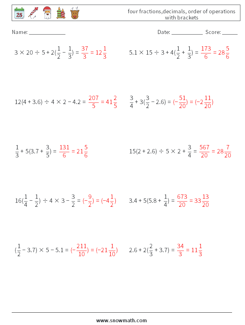 four fractions,decimals, order of operations with brackets Math Worksheets 18 Question, Answer