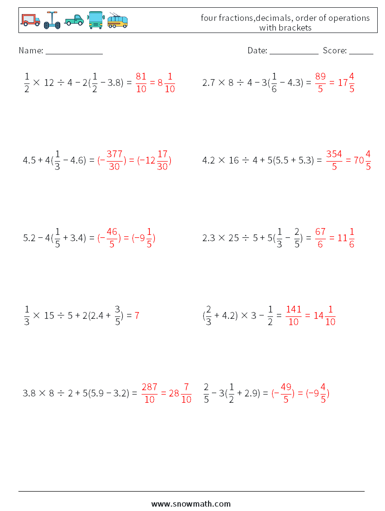 four fractions,decimals, order of operations with brackets Math Worksheets 1 Question, Answer