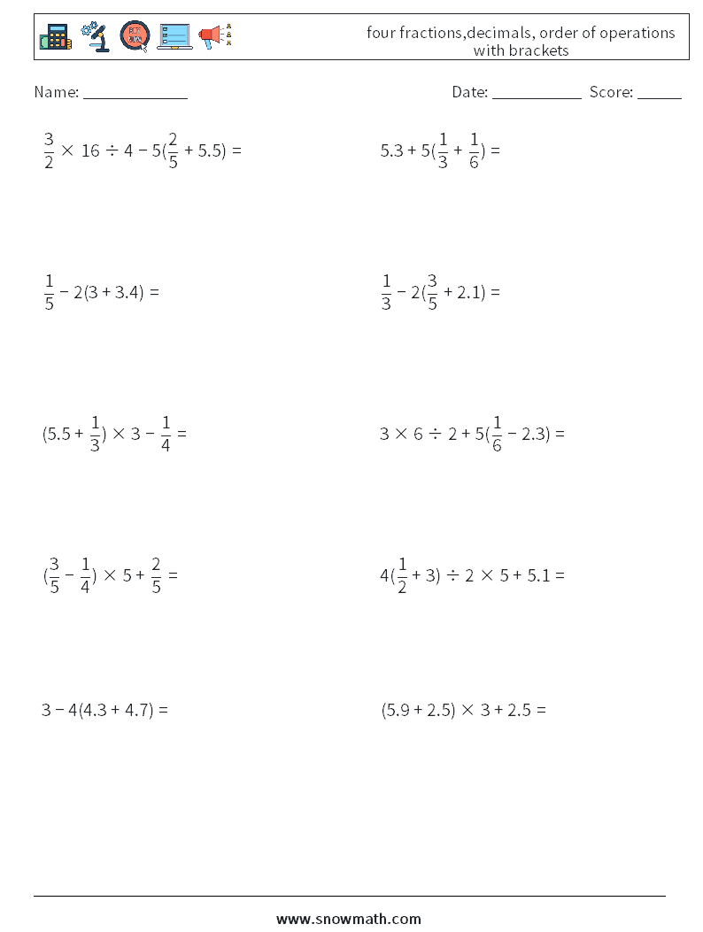 four fractions,decimals, order of operations with brackets Math Worksheets 2