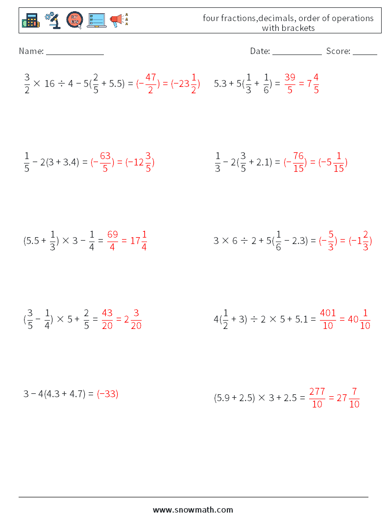 four fractions,decimals, order of operations with brackets Math Worksheets 2 Question, Answer