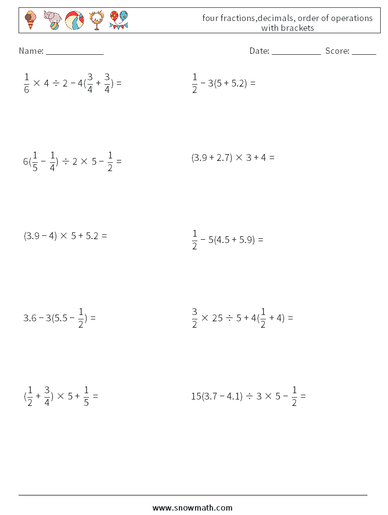 four fractions,decimals, order of operations with brackets Math Worksheets 3