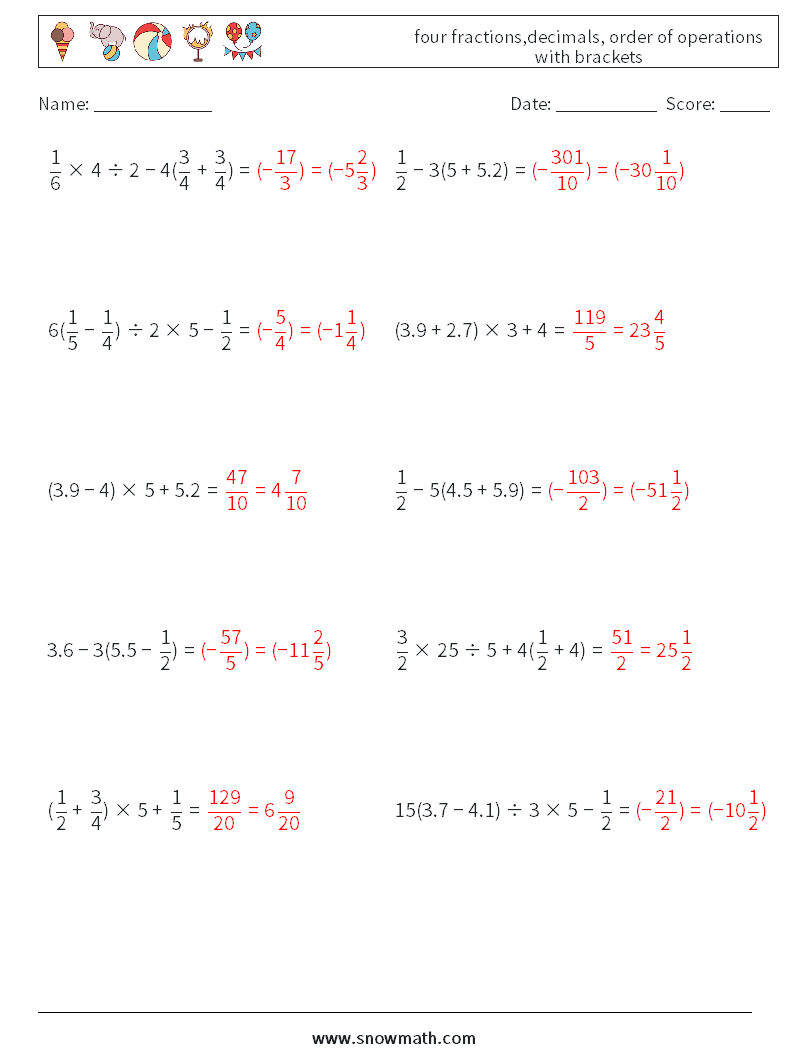 four fractions,decimals, order of operations with brackets Math Worksheets 3 Question, Answer