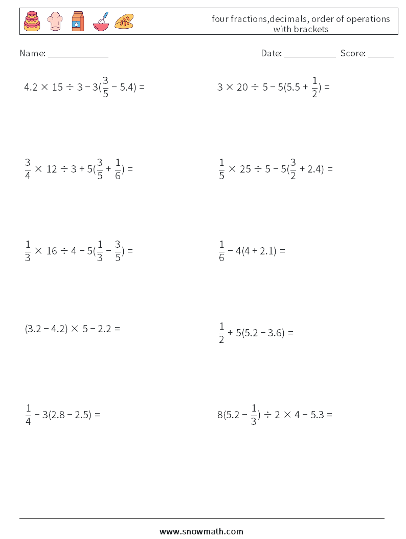 four fractions,decimals, order of operations with brackets Math Worksheets 4